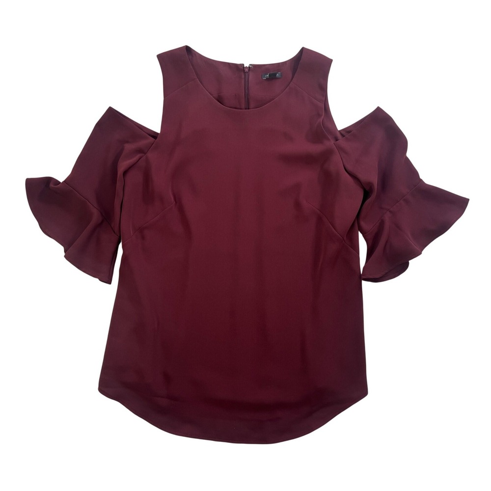 Ann Taylor Burgundy Cold Shoulder Ruffle Sleeve Blouse Maroon Top Size Large‎